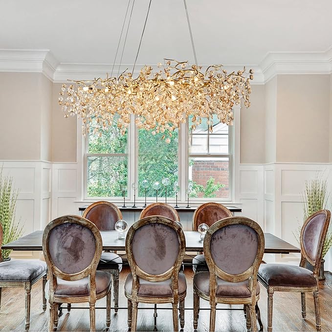 Modern Crystal Tree Branches Chandeliers Gold Luxury Round Raindrop Pendant Light Fixture 12 Light Ceiling Hanging Light for Dining Room Bedroom Living Room Entryway