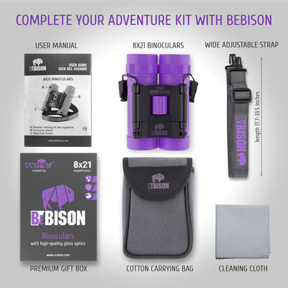 BeBison Binoculars for Kids and Adults - 8x21 High Resolution Real Optics - Compact Folding Shockproof Kids Binoculars for Bird Watching - Spy Games - Outdoor Play for Boys and Girls