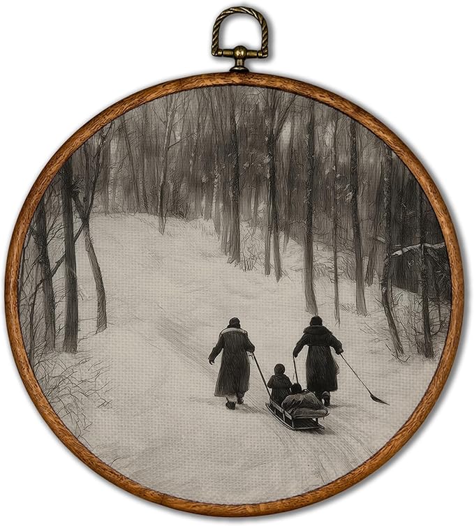 KSDUT Vintage Winter Wall Decor Art - Snowy Sleigh Wall Art Canvas Frame Hanging Prints, Retro Xmas Forest Woodland Wild Animal Round Wall Art Decor for Home Farmhouse Decorations 10"x10"