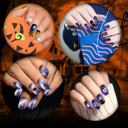 384 Pcs 16 Pack Halloween Press on Nails Halloween Short Fake Square False Nails Plastic Artificial Nail Tips Full Cover Coffin with Ghost Pumpkin Spider Pattern for Women(Fresh Pattern)