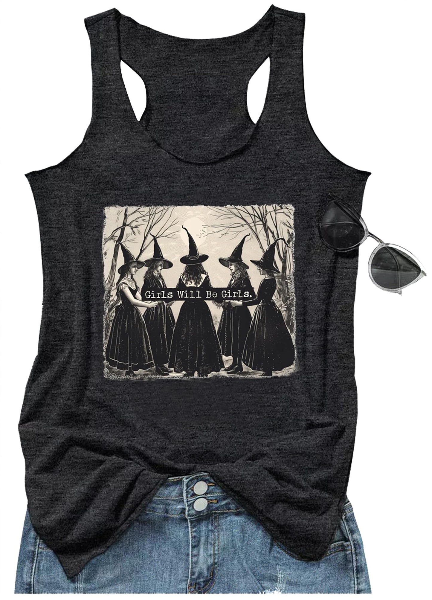 Halloween Shirts for Women Girls Will Be Girls Tank Tops Ladies Witch Graphic Racerback Tees Fall Halloween Outfit Tops(Medium,Girls Witch Grey)