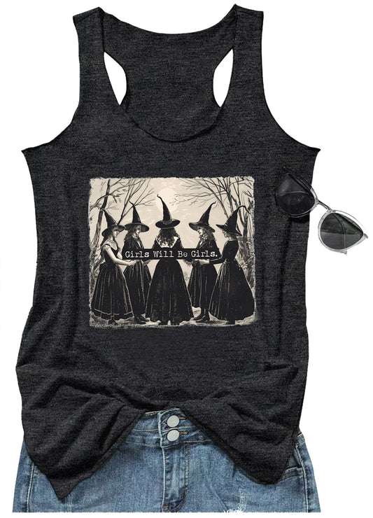Halloween Shirts for Women Girls Will Be Girls Tank Tops Ladies Witch Graphic Racerback Tees Fall Halloween Outfit Tops(Medium,Girls Witch Grey)