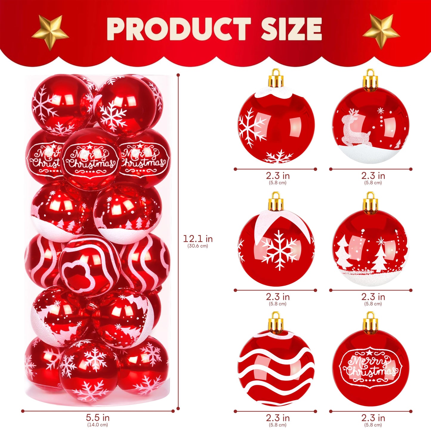 Joiedomi 24 Pcs 2.3” Red & White Christmas Ball Ornaments, Shatterproof Plastic Christmas Tree Ornaments, Hanging Decor for Wreath Garland Party Weddings Holidays