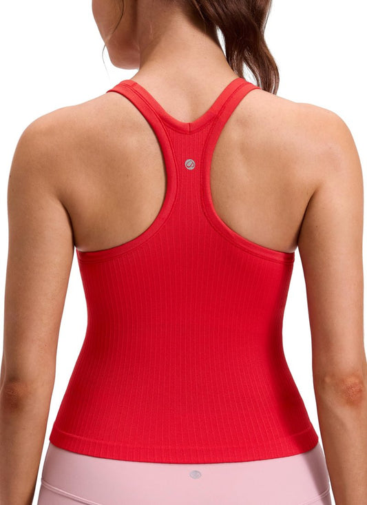 CRZ YOGA Womens Seamless Ribbed Racerback Workout Tank Tops - Padded Scoop Neck Athletic Camisoles with Built in Bra Deep Red Small