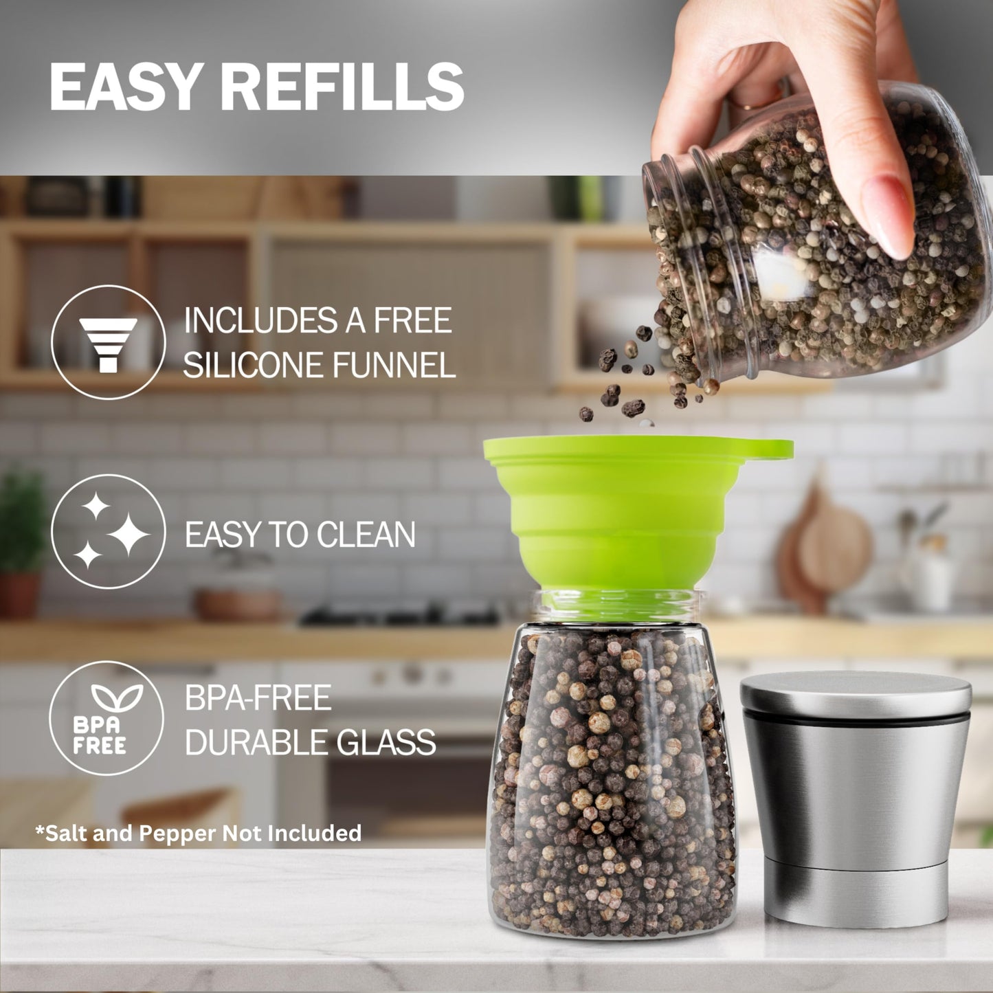 Home EC Original Stainless Steel Sea Salt and Pepper Grinder Set of 2 - Adjustable Ceramic - Glass Salt and Pepper Shakers - Kitchen Pepper Mill & Salt Mill W/Funnel & EBook