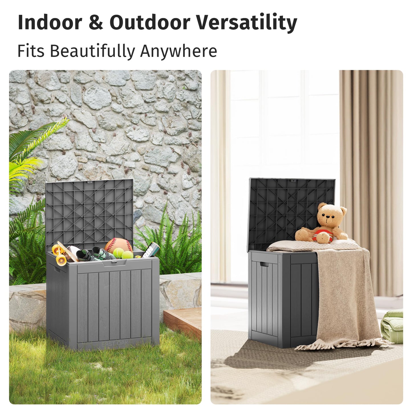 EAST OAK Outdoor Storage Box, 31 Gallon Deck Box Indoor and Outdoor Use, Waterproof Resin Storage Bin for Package Delivery, Patio Cushions, Gardening Tools, Lockable, UV Resistant, Grey