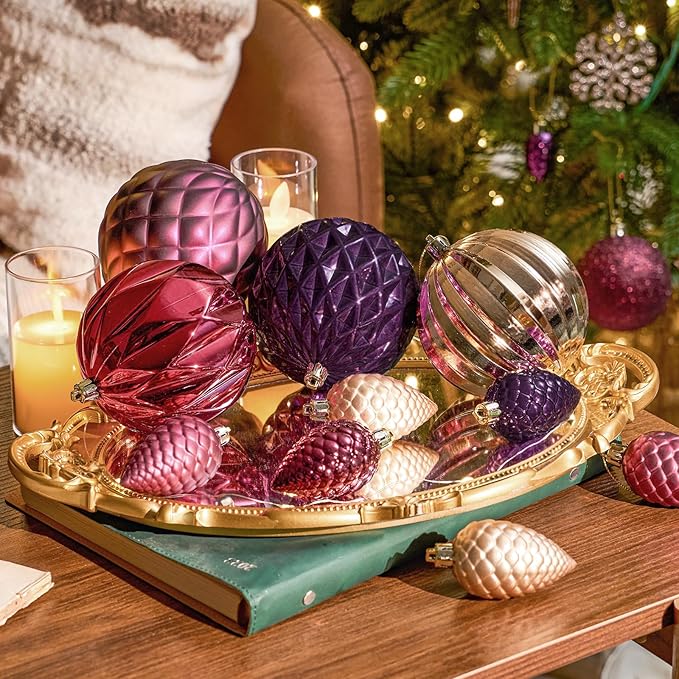 JORNOY Jewel Tone Christmas Tree Ornaments, 4inch/100mm Shatterproof Ornaments for Christmas Tree Set - Large Plastic Decorative Hangings Ball Ornaments for Xmas Tree Decorations, 12ct (Jewel Tone)