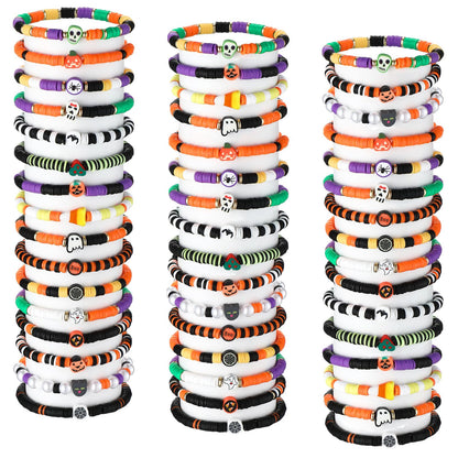 Jadive 48 Pcs Friendship Bracelets Bulk Colorful Adjustable Kids Bracelets Stretch Clay Preppy Surfer Beaded Halloween Christmas Girl Boys Party Favors Jewelry Gift Set, Various Styles(Ghost)