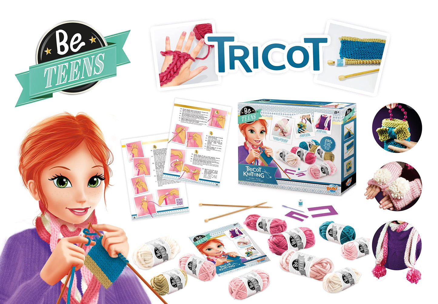 BUKI France Be Teens Knitting Kit – Kids Craft Set with 290g Wool | Learn Finger Knitting, Needle Knitting & Stocking Stitch | Make a Scarf, Purse & Gloves | Creative Gift for Children Age 8+