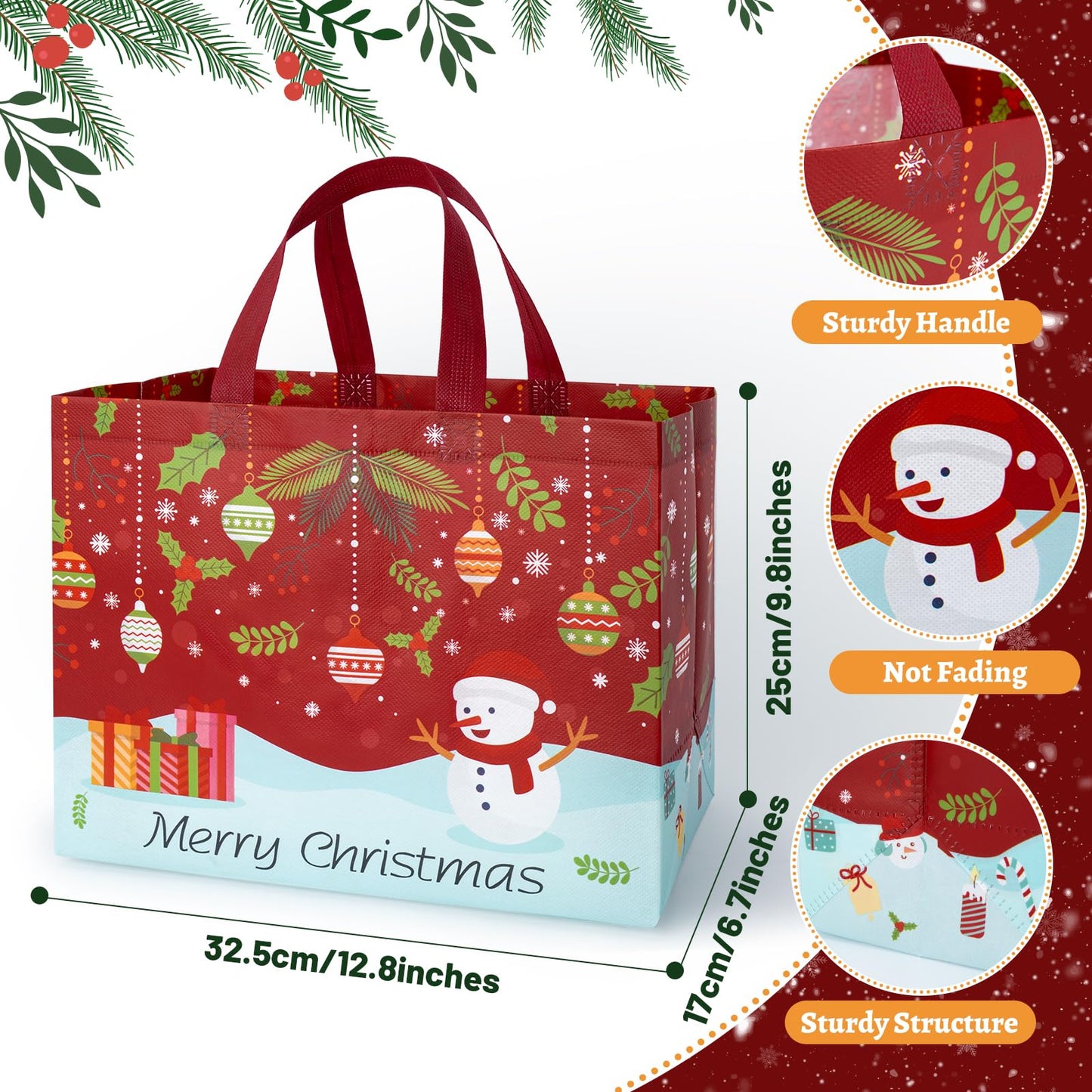 Iioscre 8 PCS Large Christmas Gift Bags With Handles, Non Woven Reusable Holiday Treat Bags for Gifts, 12.8 x 9.8 x 6.7in