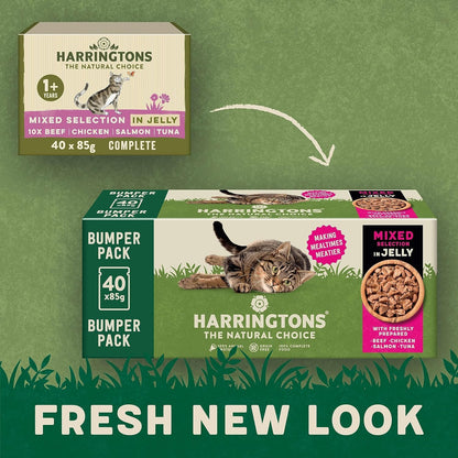 Harringtons Complete Wet Pouch Grain Free Hypoallergenic Adult Cat Food Mixed in Jelly Pack 40x85g - Beef, Chicken, Salmon & Tuna- Making Mealtimes Meatier
