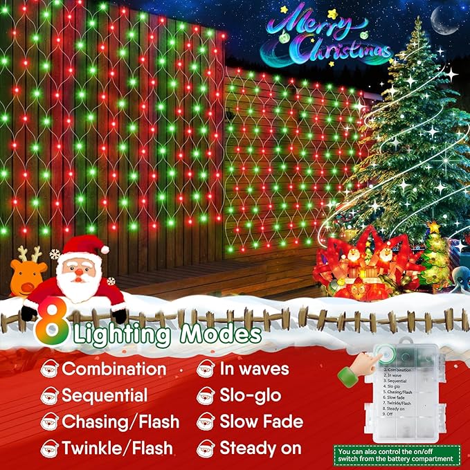 Hezbjiti Pack of 6 Battery Operated Christmas Lights Outdoor Total 600LED Waterproof Net String Mesh Lights for Xmas Trees Bushes Garden Yard Lawn Patio Christmas Decor (Red and Green)
