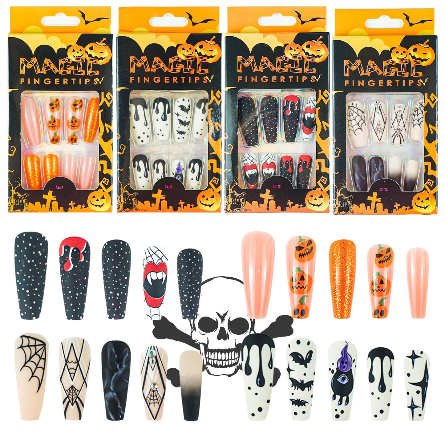 96 Pcs Halloween Press on Nails, Wsimily Halloween Long Coffin Acrylic Artificial False Nails Fake Nail with 96 Pcs Nail Adhesive Tabs, Pumpkin Spider Bat Design for Women Girl Nail Art Decoration