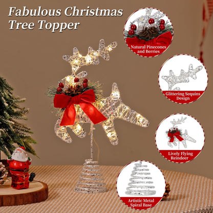 Lewondr Christmas Tree Topper, 11'' Metal Reindeer Christmas Star Tree Topper with Pine Leaves and Bow,30 LED Bulbs,6H Timer, 8 Light Modes, USB & Remote Control Deer Treetop for Home Xmas Decor,White