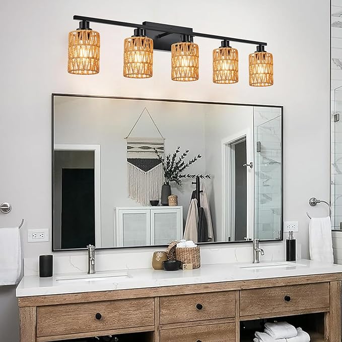 MELUCEE Farmhouse Bathroom Light Fixtures Rattan Wall Sconce 5 Light Bathroom Vanity Light with Rattan Lamp Shade, Black Finish, Suitable for Kitchen Hallway Living Room, 40.6 Inches Length