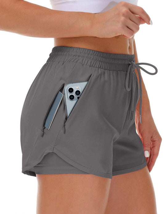 Mancreda Women's Running Shorts with Liner 3 Zipper Pockets Elastic Workout Athletic Gym Yoga Shorts(DGA,L)