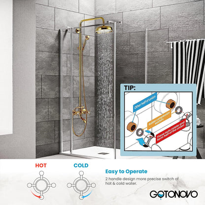 gotonovo Bathroom Shower Faucet Rain Mixer 8 Inch Round Shower Head Double Cross Handle with Tub Spout Wall Mount Bathroom Shower Fixtures 3 Function Metal Handheld Sprayer Polished Gold