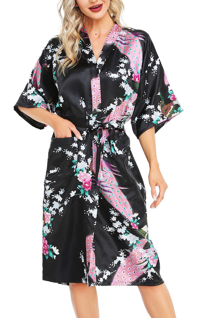 Lovasy Kimono Dressing Gowns Satin Kimono Robe Peacock and Blossoms Silk Dressing Gown for Women UK Long Silk Bride and Bridesmaid Robes,Black,XL
