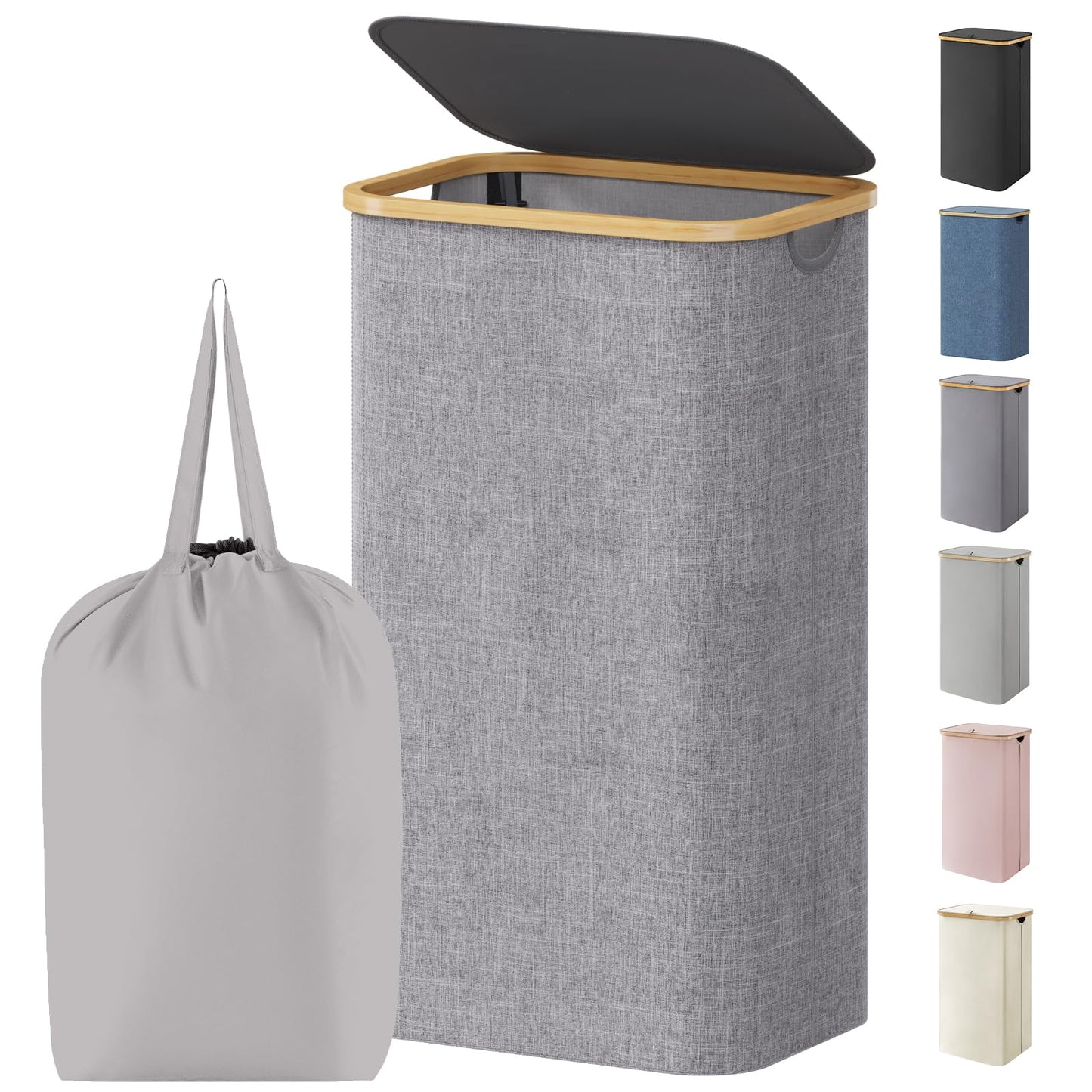 Lifewit 100L Laundry Basket with Lid, Clothes Hampers for Laundry with Bamboo Handles and 1 Removable Bag, Large Foldable Laundry Hamper for Bedroom, Bathroom, Dorm, Laundry Room, Light Gray