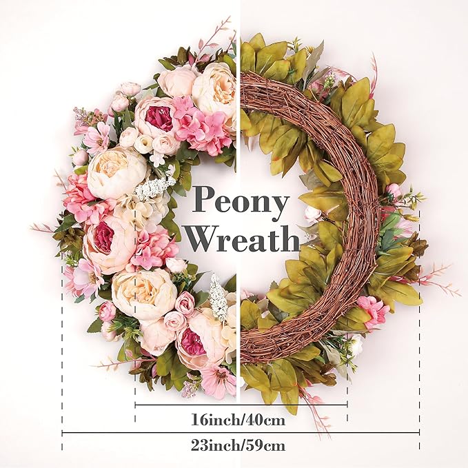 Peony Wreath 23" Floral Artificial Wreath for Front Door Wall Decor Home Décor Festival Celebration Wedding Party New Owners Seasonal Decoration Housewarming Gifts EZsenses (Light Pink)