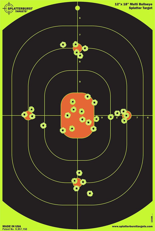 Splatterburst Targets - 12 x 18 inch Bullseye Splatter Target - Easily See Your Shots Burst Bright Fluorescent Yellow Upon Impact - Made in USA (10 Pack)