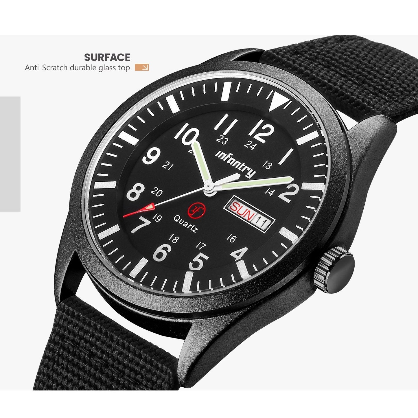 Infantry Mens Military Army Outdoor Sport Watch Field Tactical Black Wrist Watches for Men Waterproof 24 Hour Work Date Day Analog Wristwatch Nylon Band