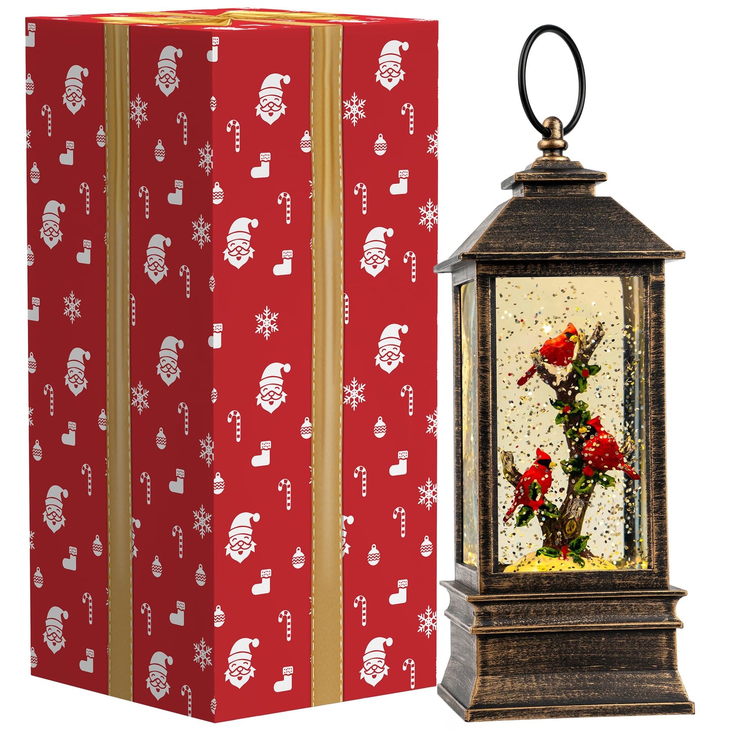 Christmas Snow Globe Lantern Water Glittering 10'' Cardinal with Music & Timer, USB Lined/Battery Operated Lighted Lantern for Christmas Festival Decoration Gifts