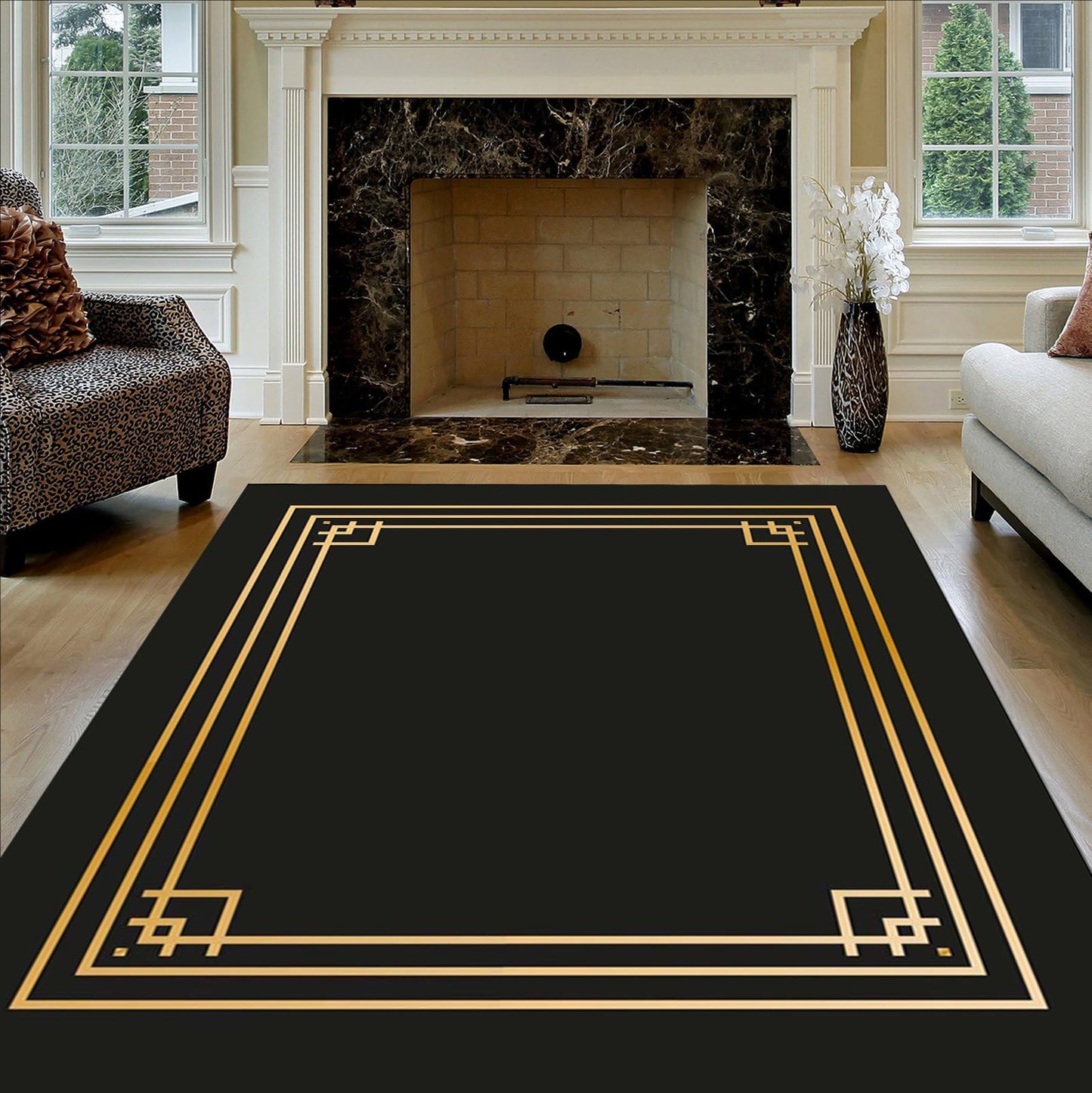 Minimalist Black Gold Lines Border Geometric Print Rug Contemporary Aesthetic Art Deco Area Rug for Living Room Diningroom Guestroom Large Washable Soft Faux Wool Carpet Lux Indoor Floor Mat 3x5