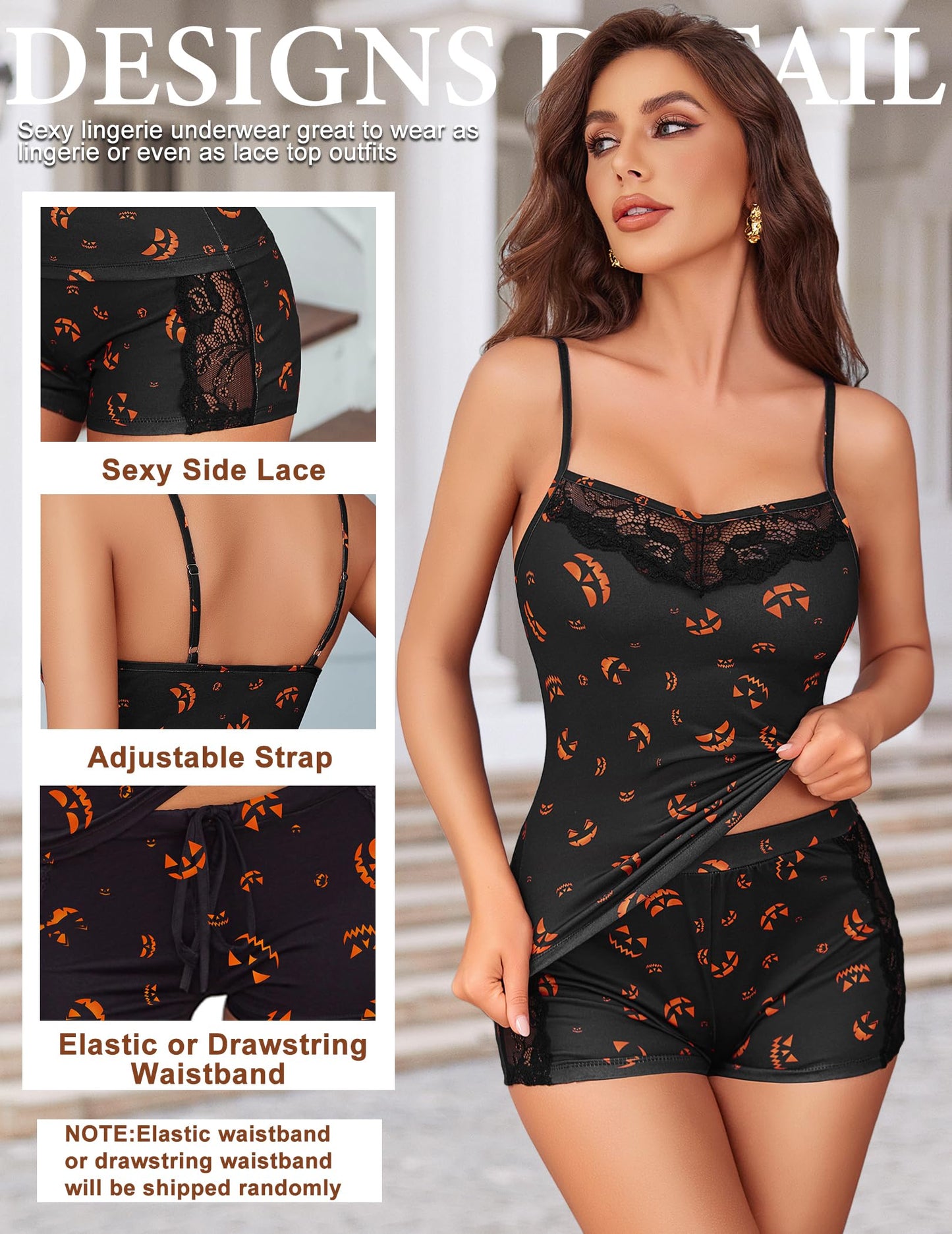 Avidlove Women Pjs Sets Cami Pajama Set With Shorts Sexy PJ Lace Trim Sleepwear (Black Halloween, Medium)