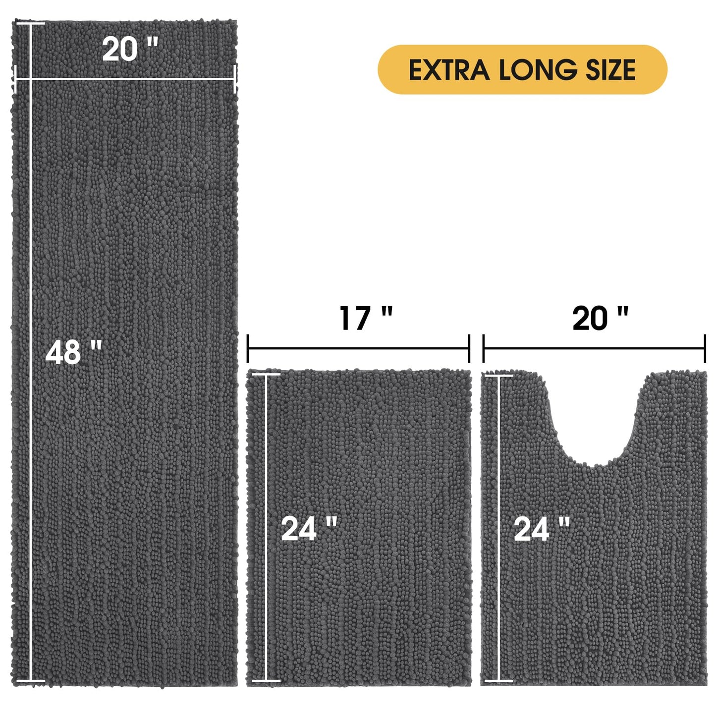 ACCUMTEK Upgrade Extra Large Grey Bathroom Rug Set 3 Pieces Gray Ultra Soft, Thick Absorbent Bath Mats, Non Slip Chenille Toilet Mat for Bathroom, Bedroom, Kitchen, Charcoal