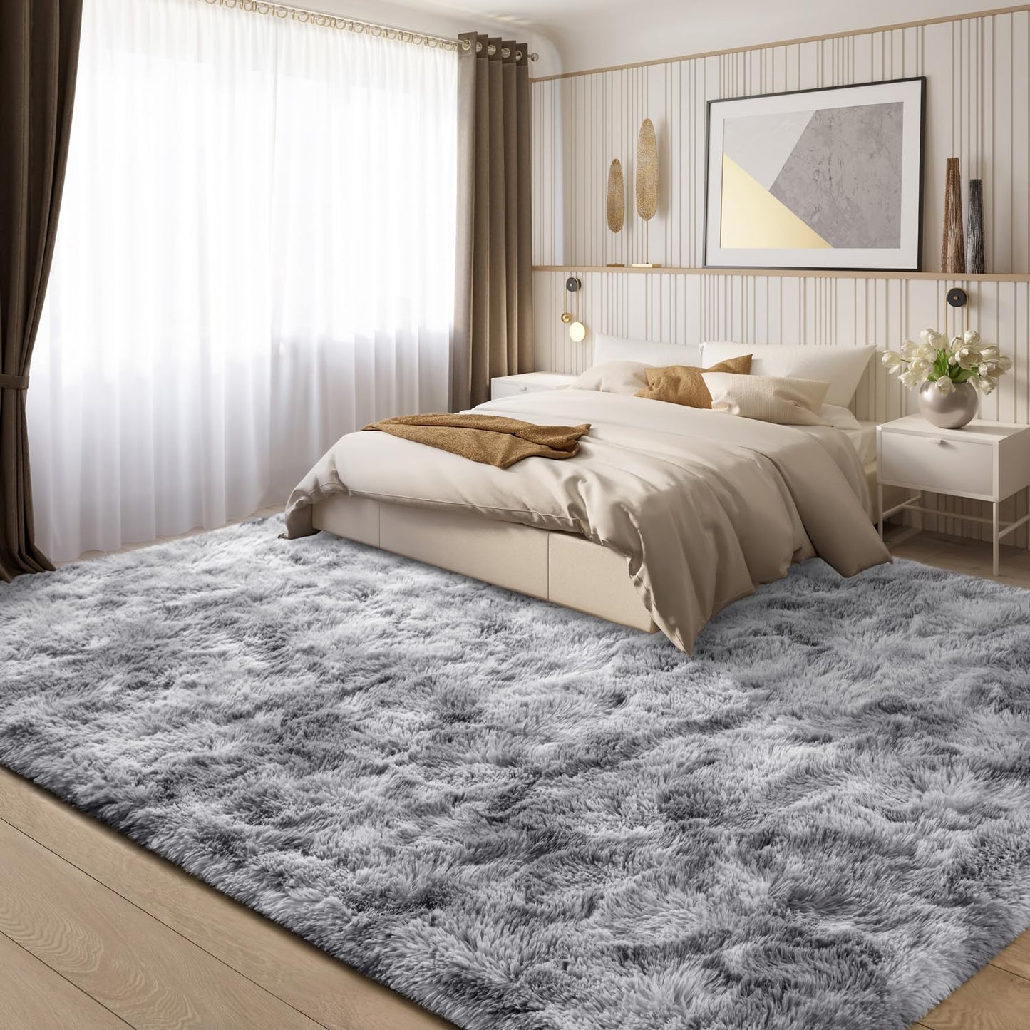 EVOIONOS Area Rug for Living Room Bedroom, Washable 6x9 Fluffy Shag Large Rug, Soft Plush Non Slip Carpet for Indoor Floor Bedside Nursery Kids Room, Dorm, Home Decor Aesthetic, ‌Tie-Dye Light Grey