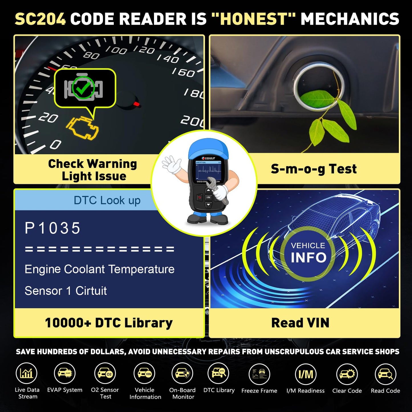 CGSULIT SC204 Enhanced OBD2 Scanner Diagnostic Tool, Check Engine Code Reader With Reset, Smog Check, Clear Code, Live Data & More, Car Code Readers & Scan Tools for All OBDII/EOBD Vehicles After 1996