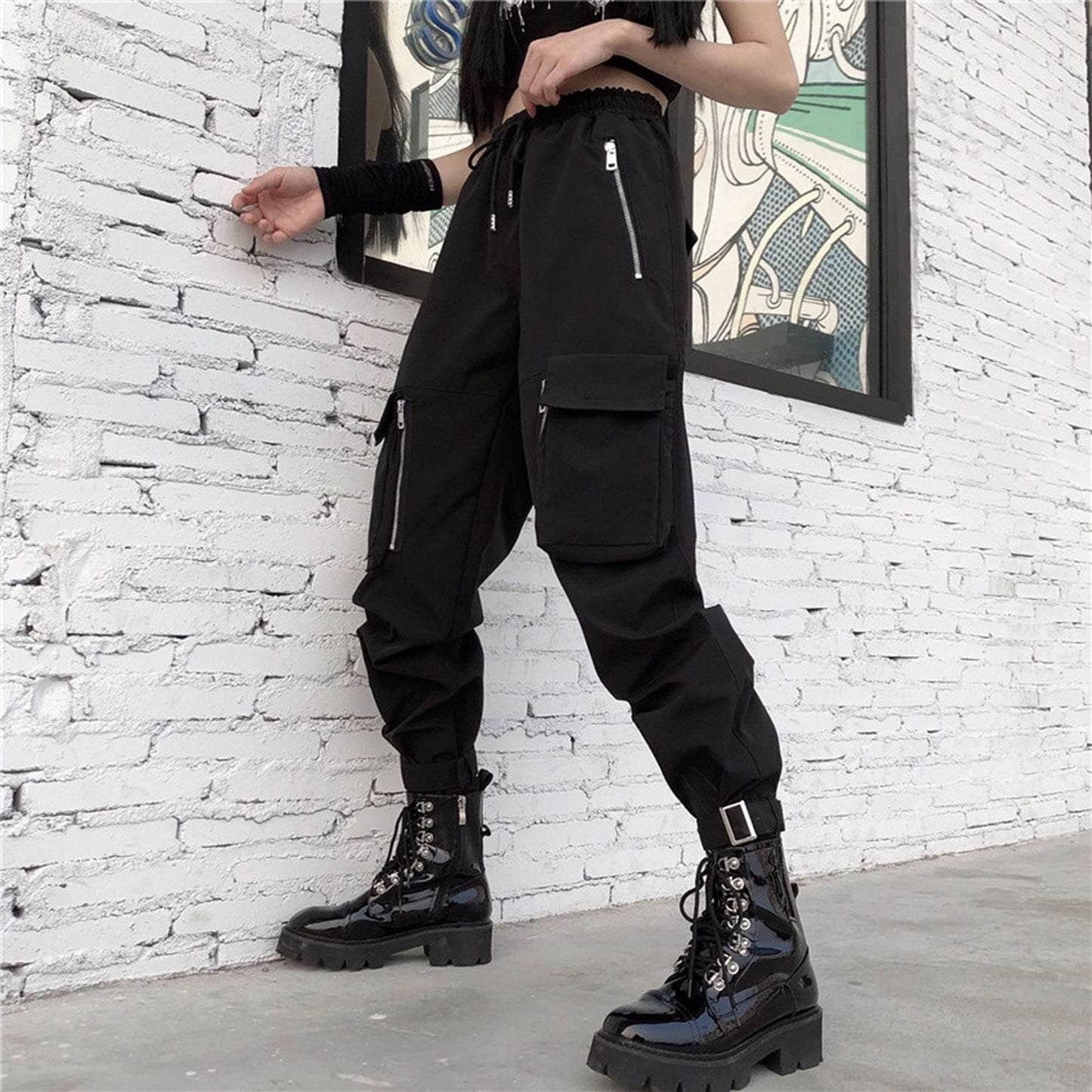 MEINVQIAOTI Halloween Orang Cargo Pants Women Loose Chained Gothic Pants Multi-Pocket Multi-Zip Punk Goth Pants (Orange,2XL)