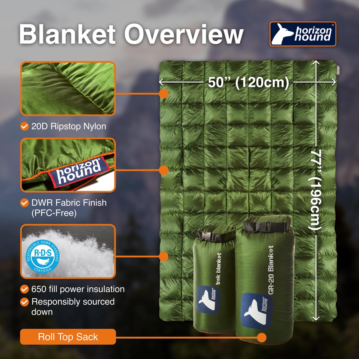 Horizon Hound Down Camping Blanket - Trek, Green Travel Blanket | Sustainable Insulated Down | Lightweight & Warm Quilt for Camping, Stadium, Hiking & Festival | Water Resistant, Packable & Compact