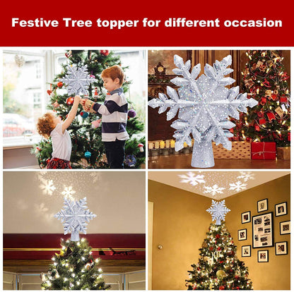 Christmas Tree Topper Lighted with White Snowflake Projector, LED Rotating Snowflake, 3D Glitter Lighted Sliver Snow Tree Topper for Christmas Tree Decorations
