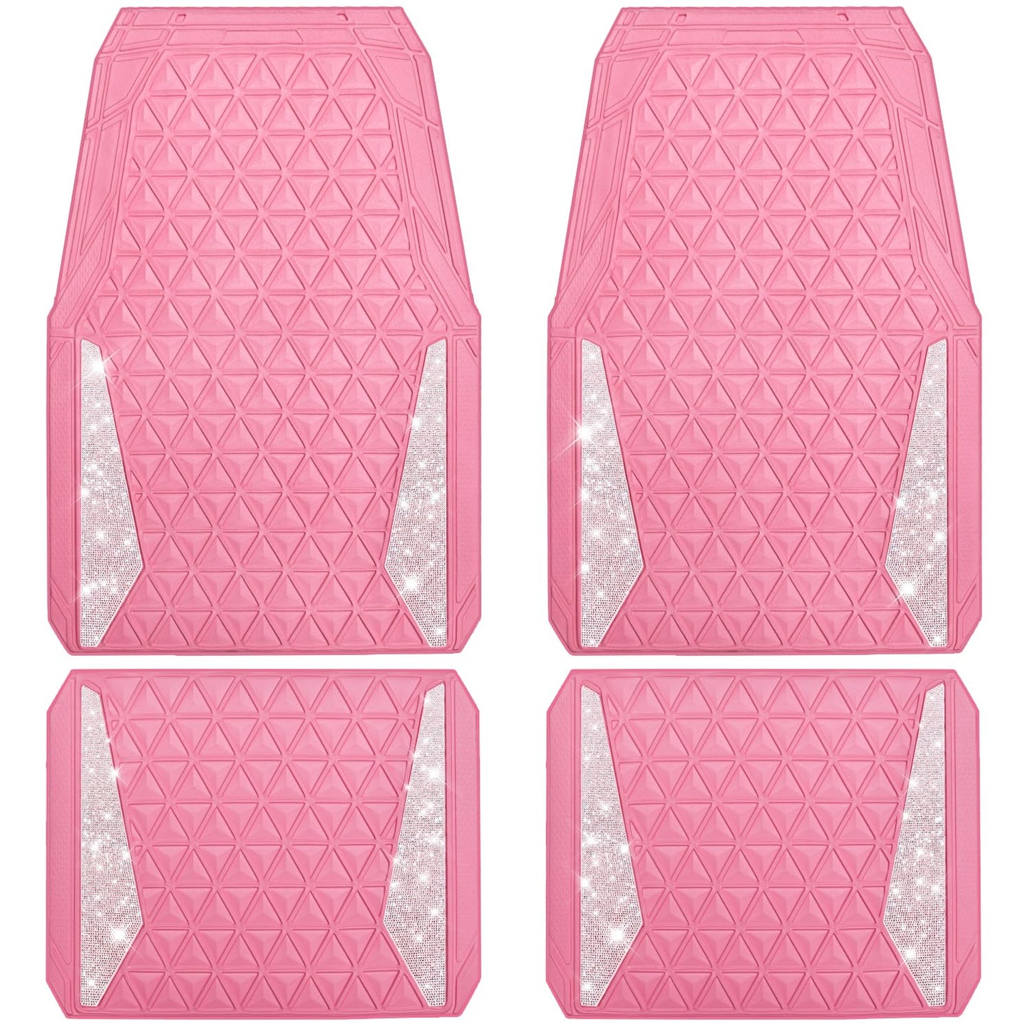 CAR PASS Bling Diamond Car Mats Rubber Floor Mats Full Set Anti-Slip 3D Rhombus Waterproof Trim to Fit Liner Universal Glitter Crystal Sparkly Shining Rhinestone Girl Women SUV Sedan Van, Pink Rubber
