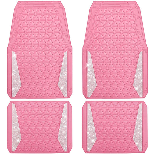 CAR PASS Bling Diamond Car Mats Rubber Floor Mats Full Set Anti-Slip 3D Rhombus Waterproof Trim to Fit Liner Universal Glitter Crystal Sparkly Shining Rhinestone Girl Women SUV Sedan Van, Pink Rubber