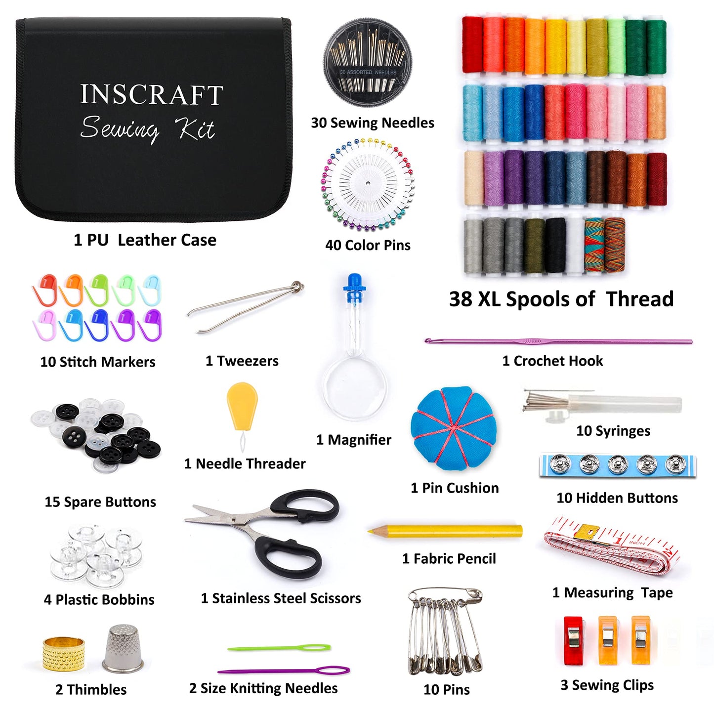 Sewing Kit, 182 Premium Sewing Supplies, 38 XL Thread Spools, Suitable for Traveller, Adults, Kids, Beginner, Emergency, DIY and Home By Inscraft