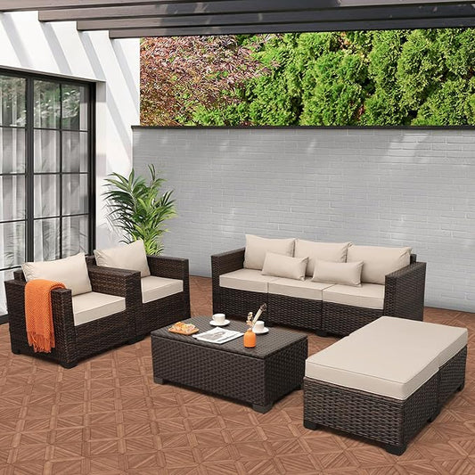 Wicker Patio Furniture Set 6 Pieces Outdoor Furniture Chairs and Couch Storage Table Anti-Slip Cushions and Waterproof Covers, Khaki