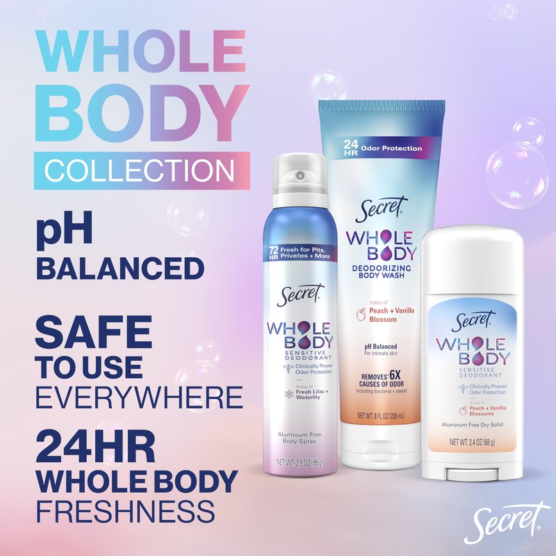 Secret Feminine Wash, 24 HR Deodorizing Feminine Body Wash for Women, Removes 6x Causes of Odor, PH Balanced, Safe to Use Everywhere, Peach & Vanilla Blossom Scent, 8.0 oz
