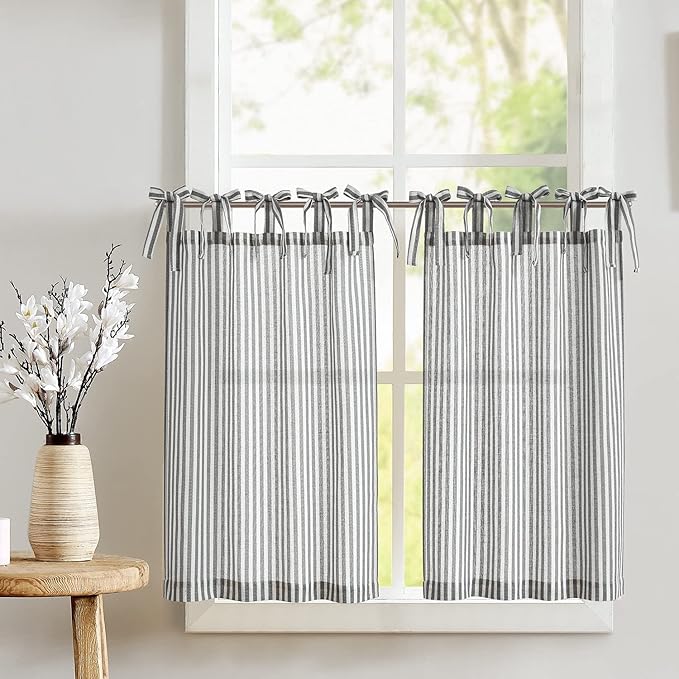 JINCHAN Tie Top Linen Kitchen Curtains 36 Inch Striped Tier Curtains Farmhouse Modern Cafe Style Small Window Treatments Airy Light Filtering Rod Pocket for Living Room Bathroom 2 Panels Charcoal Grey