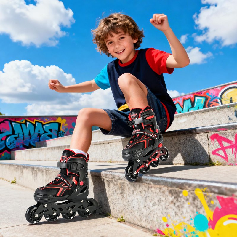 2PM SPORTS Inline Skates for Boys Kids Girls Ages 5-8 8-12 4-6 6-12 with Light Up Wheels, Adjustable Kids Roller Skates Blades for Adults Women Female Beginners Youths Red, Medium - Big Kid (1-4 US)