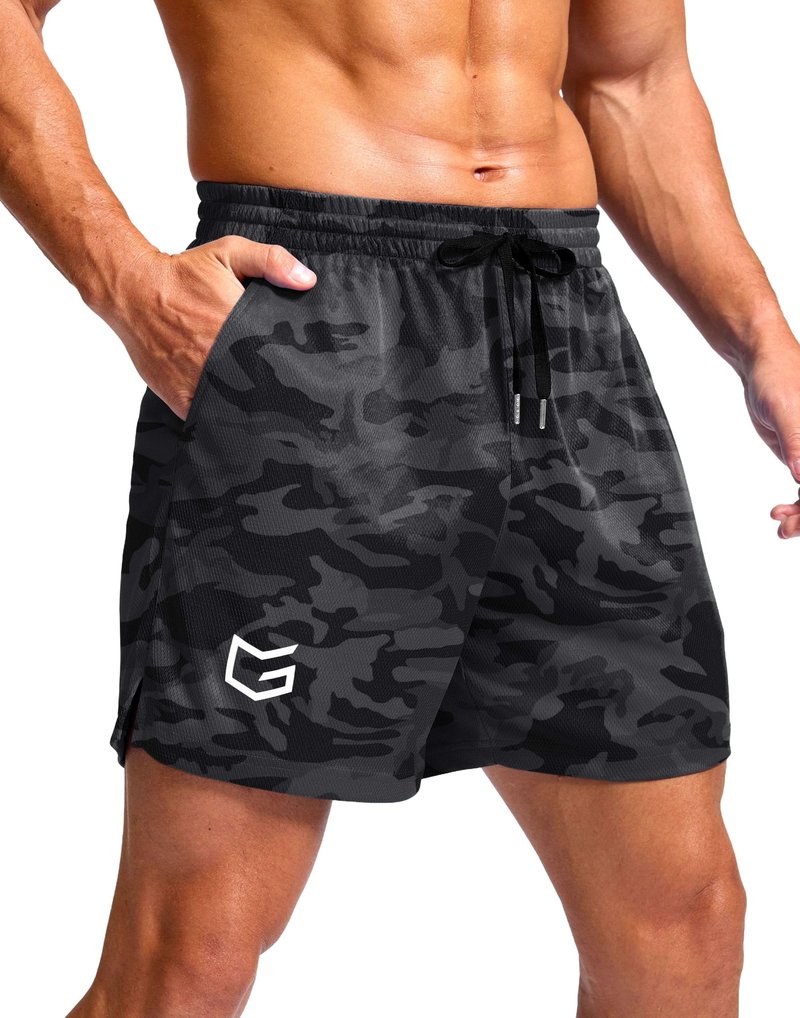 G Gradual Men's Athletic Workout Shorts with Pockets 5"/7"/9" Lightweight Quick Dry Gym Basketball Running Shorts for Men(Grey Camo,5-L)