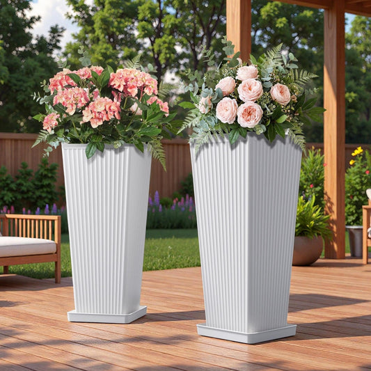 Diyfire Front Porch Planters Outdoor Set of 2, 24" Tall Plastic Planters for Outdoor Plants with Drainage, Extra Large Outdoor Planter Pots, Tapered Tall Planters for Front Door & Indoor Plants, White