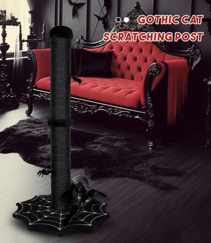PuzzlePaw Gothic Cat Scratching Post with Spider Dangling Toys for Indoor Cats, Halloween Spooky Cat Scratcher,Activity Cat Play Center Goth Cat Tree Tower Furniture with Cobweb Base,Black