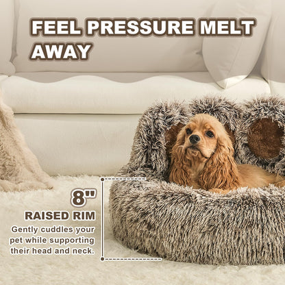 Jiupety Paw Shape Calming Pet Bed, Plush Faux Fur Donut Bed for Dogs & Cats, Machine Washable, Non-Slip Bottom, Large Size (26"×26"×8"), Gray