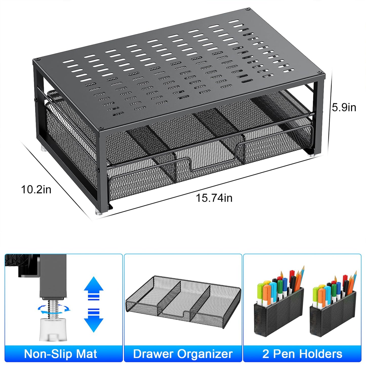gianotter Desk Organizers and Accessories, Monitor Stand with Drawer and 2 Pen Holder, Desktop Organizer Suitable for Offices and Dormitories(Black)