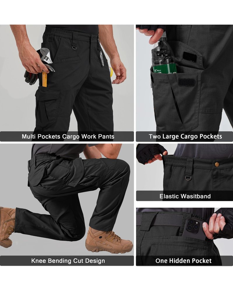 CNBQDD Mens Work Pants Construction Waterproof Cargo Pants Tactical for Men Ripstop Lightweight Outdoor Hiking Pants with Pockets Black 36Wx30L
