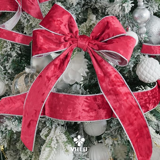 MEEDEE 2.5 inch Red and Silver Velvet Wired Ribbon 10 Yards Two Tone Velvet Christmas Ribbon for Christmas Tree, Garlands, Gift Wrapping, Wreaths, Bow Supply, Holiday Home Decor