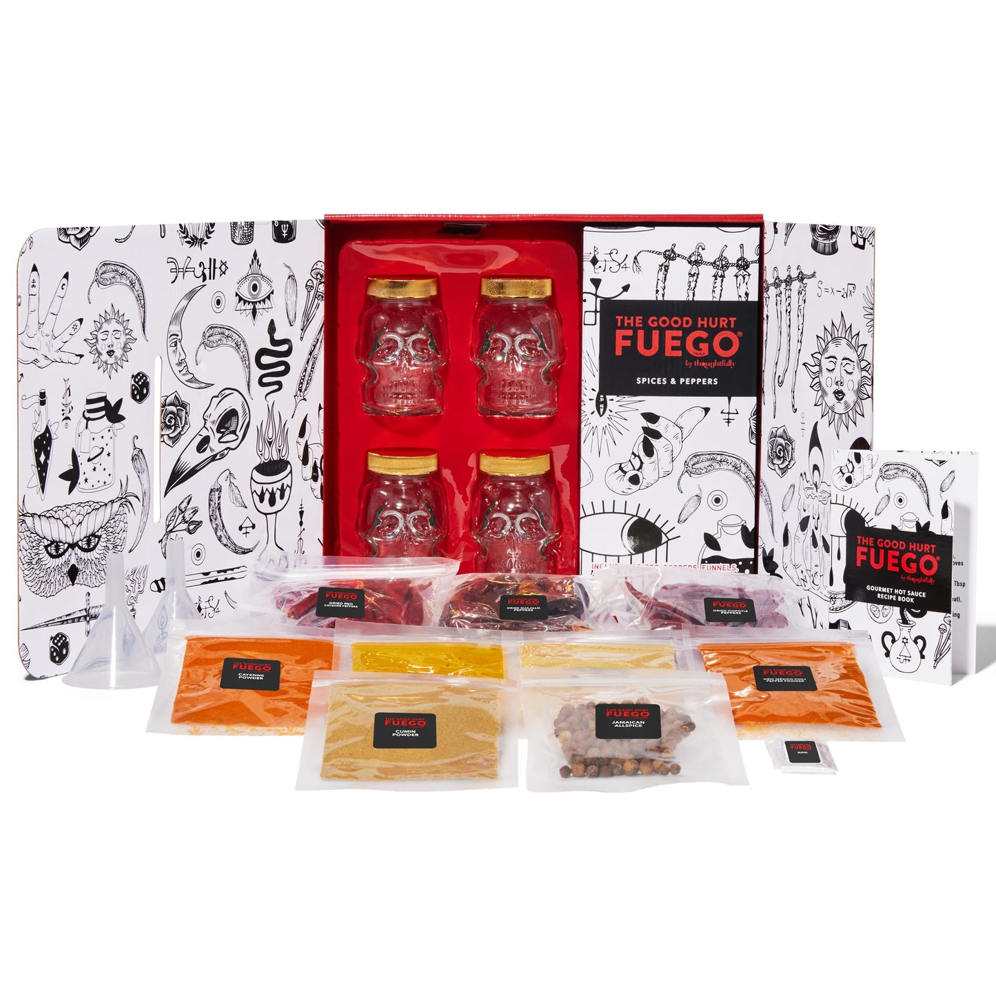 The Good Hurt Fuego by Thoughtfully, DIY Hot Sauce Set, Includes 4 Skull Shaped Reusable Glass Jars, 2 Funnels, Seasonings, Gloves and Recipe Book to Make Your Own Hot Sauce